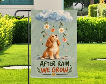 Cute Puppy Garden Flag, Rain Cloud Floral Yard Flag, Inspirational Dog Outdoor Decor