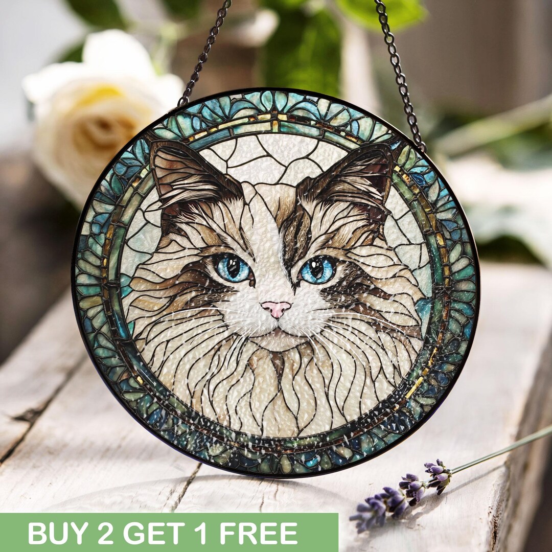 Stained Glass Cat Suncatcher, Blue Eyed Feline Window Art, Cat Lover ...