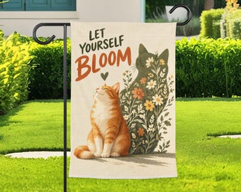 Let Yourself Bloom Cat Garden Flag, Floral Ginger Cat Yard Banner, Outdoor Spring Decor