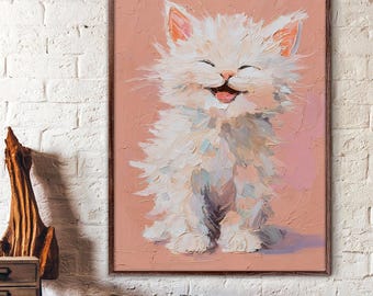 Smiling White Cat Canvas Wall Art, Pink Cute Kitten Poster Print, Textured Animal Artwork, Sweet Kitten Wall Art For Bedroom Or Nursery Home