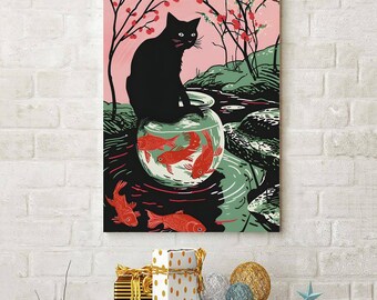 Black Cat And Koi Fish Poster, Japanese Woodblock Style Canvas, Retro Animal Wall Art, Cherry Blossom Print For Cat Lover Gifts Decor Home.