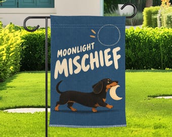 Dachshund Garden Flag, Funny Dog Yard Decor, Moonlight Mischief Outdoor Flag