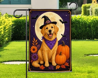 Halloween Golden Retriever Garden Flag, Witch Hat Dog Yard Decor, Moon Pumpkin Outdoor Banner, Lovely Fall Porch Decoration, Dog Lover Gifts