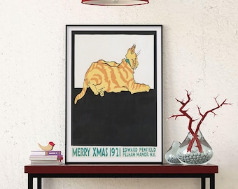 Vintage Orange Tabby Cat Poster, Merry Xmas 1921 Edward Penfield Canvas, Retro Feline Wall Art Print, Antique Pet Lover Decor Gift Friends.