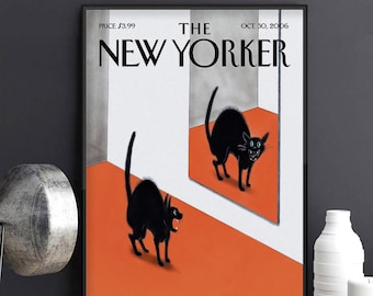 Vintage Magazine Cover Poster, Black Cat Hissing At Mirror Canvas, Retro Feline Wall Art Print, Funny Spooky Halloween Room Decor Home Gift.