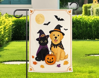 Halloween Cat and Dog Garden Flag, Witch Costume Pet Yard Decor, Pumpkin Treat Basket Outdoor Banner, Sweet Fall Porch Decoration, Pets Gift