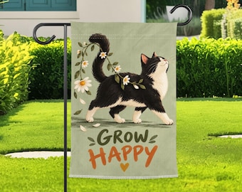 Black Cat Garden Flag, Floral Cat Yard Flag, Grow Happy Outdoor Garden Decor