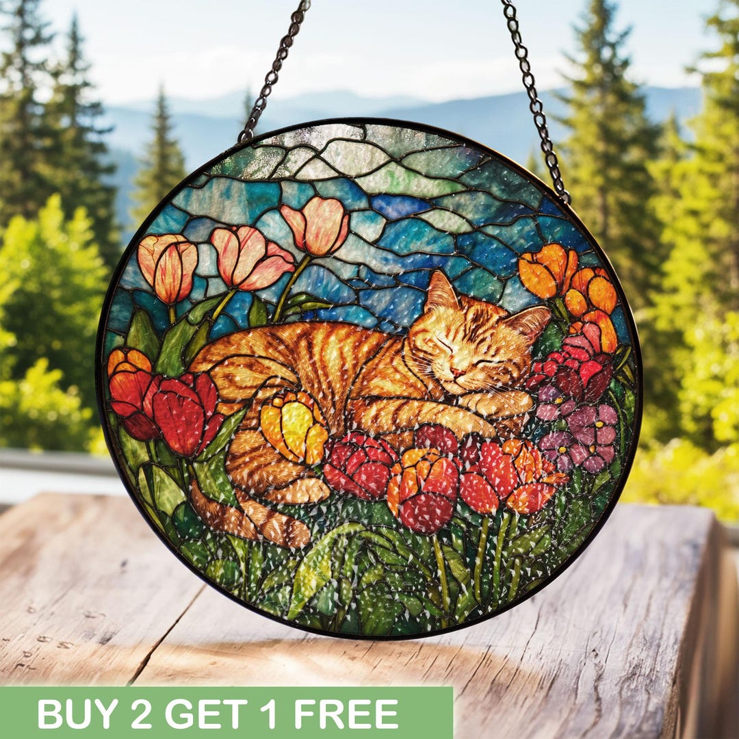 Sleeping Orange Cat Stained Glass Suncatcher, Floral Tabby Cat Window ...