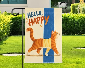 Happy Cat Garden Flag, Orange Tabby Yard Decor, Cute Cat Lover Outdoor Garden Flag