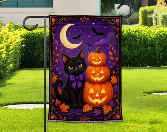 Halloween Black Cat Garden Flag, Pumpkin Moon Yard Decor, Cute Autumn Outdoor Banner, Purple Fall Porch Decoration, Seasonal Pet Lover Gifts