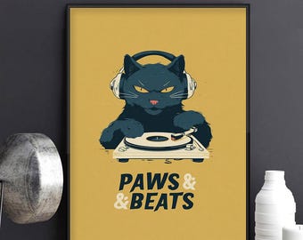 DJ Black Cat Poster and Canvas, Headphones Turntable Wall Art, Retro Music Pet Decor, Cool Feline Print, Retro Gift for Cat and Music Lovers