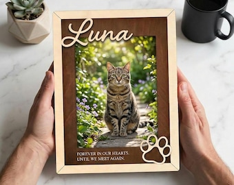 Personalized Cat Memorial Frame with Name and Paw Print, Wooden Pet Loss Keepsake, Sympathy Gift for Cat Parents, Forever Remembered Tribute