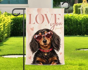 Dachshund Garden Flag, Romantic Dog Yard Decor, Heart Glasses Puppy Flag, Pet Lover Gift, Cute Porch Lawn Decoration, Valentine Banner Decor