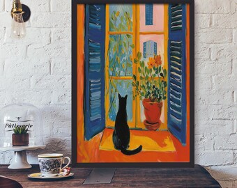 Black Cat Looking Out Window Canvas Art, Colorful Impressionist Painting Poster, Blue Shutters Wall Decor, Pet Lover Gift For Home Decor.