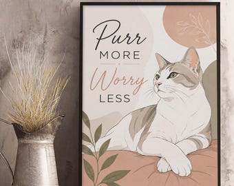 Purr More Worry Less Cat Canvas Wall Art, Minimalist Feline Poster Print, Neutral Pet Decor, Relaxing Cat Lovers Decor For Home Office Walls
