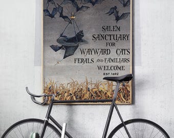 Salem Sanctuary Wayward Cats Poster Print, Halloween Witchy Black Cat Canvas Art, Witch Familiar Welcome Wall Decor, Gothic Cat Lover Gift