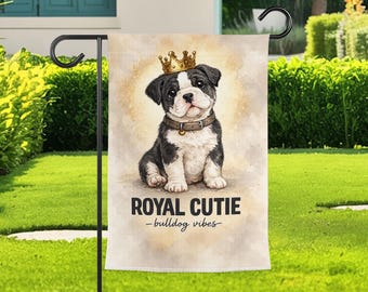 Bulldog Garden Flag, Crowned Puppy Yard Decor, Cute Dog Outdoor Flag, Pet Lover Gift, Porch Lawn Decoration, Watercolor Animal Banner Design