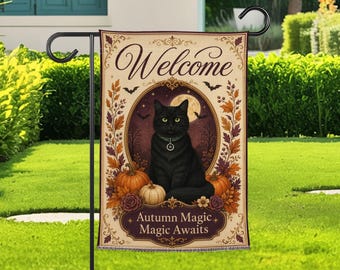 Black Cat Welcome Garden Flag, Autumn Magic Halloween Yard Decor, Moonlit Outdoor Flag for Porch, Patio, Lawn and Entryway Wall Art for Home