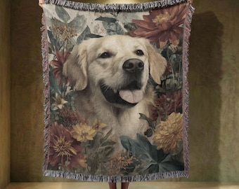 Manta tejida 100 % algodón para Golden Retriever, con diseño floral para amantes de los perros, regalo conmemorativo para mamá y papá, tapiz personalizado de animales.