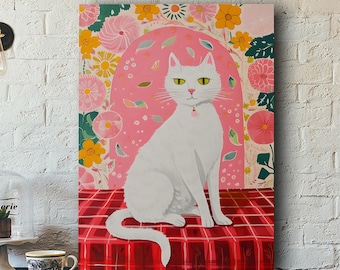 White Cat Floral Art Poster, Retro Pink Arch Feline Canvas, Boho Pet Lover Wall Decor, Cute Kitty Gift For Mom, Cat Mom Birthday Gift Decor