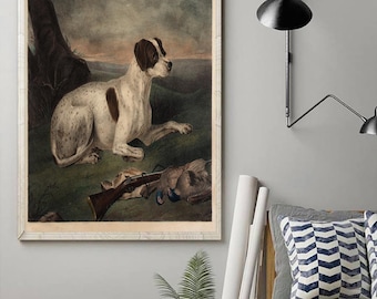 Vintage Hunting Dog Poster For Cabin Wall Art, Antique Pointer Dog Canvas Print, Rustic Bird Hunting Decor, Hunter Gift Poster Decor Home.