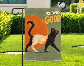 Black Cat Garden Flag, Here Comes Good Yard Flag, Retro Cat Outdoor Porch Decor