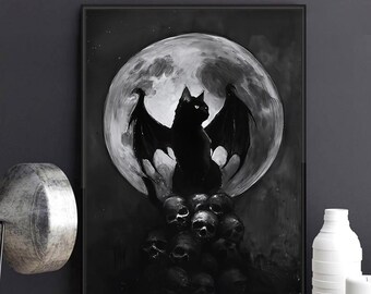 Gothic Black Cat With Bat Wings Poster, Spooky Halloween Canvas Wall Art, Dark Moon Skulls Print, Creepy Animal Decor Gift Decor Home Gift.