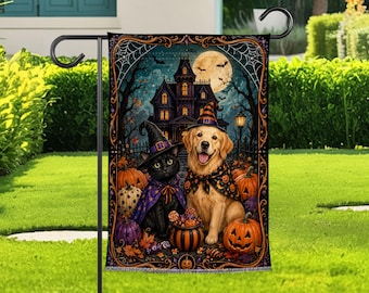 Halloween Cat and Dog Garden Flag, Haunted House Yard Decor, Witch Costume Pet Banner, Pumpkin Fall Porch Decoration, Spooky Outdoor Accents