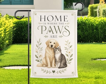 Home Is Where the Paws Are Garden Flag, Dog and Cat Yard Decor, Neutral Botanical Outdoor Flag, Lovely Pet Lover Housewarming Gift for Porch