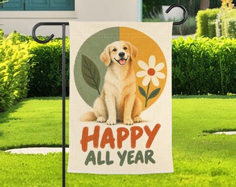 Happy Dog Garden Flag, Golden Retriever Yard Decor, Floral Pet Lover Outdoor Flag