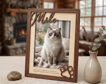 Personalized Cat Memorial Frame, Custom Pet Loss Keepsake, Wooden Sympathy Gift, Remembrance Decor for Cat Lovers, Photo Tribute Display Art