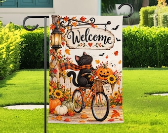 Fall Black Cat Garden Flag, Pumpkin Bicycle Autumn Outdoor Welcome Yard Decor
