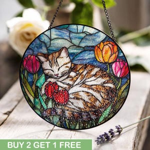 Sleeping Cat Stained Glass Suncatcher, Tabby Cat With Tulips Window ...