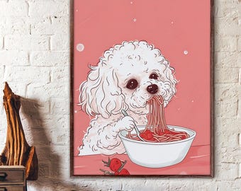Cute Dog Eating Spaghetti Poster, Funny Poodle Pasta Canvas Print, Kawaii Puppy Noodle Wall Art, Pet Lover Gift, Fun Kitchen Decor Home.