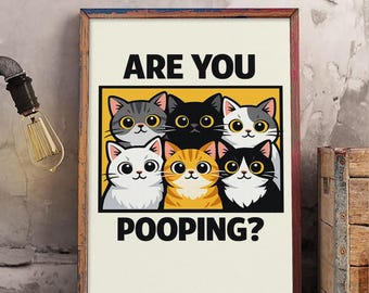 Are You Pooping Funny Cat Canvas Wall Art, Humorous Bathroom Poster Print, Cute Cartoon Kitty Decor, Bathroom Humor Decor For Cat Lover Home