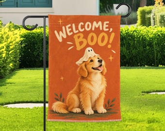 Golden Retriever Halloween Garden Flag, Cute Ghost Dog Yard Decor, Fall Porch Banner