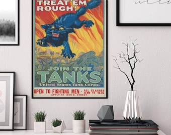 Treat Em Rough Join The Tanks Poster, Vintage World War One Military Canvas, Black Cat Army History Print, Tank Corps Wall Art Gift Decor.