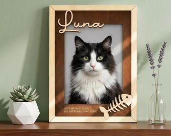Personalized Cat Memorial Frame, Custom Pet Loss Keepsake, Wooden Sympathy Gift, Remembrance Decor for Cat Lovers, Home Tribute Keepsake Art