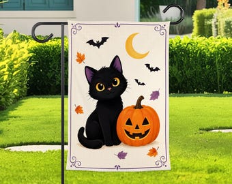 Halloween Black Cat Garden Flag, Fun Pumpkin Yard Decor, Crescent Moon Outdoor Banner, Simple Fall Porch Decoration, Cat Lover Seasonal Gift