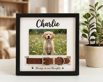 Personalized Pet Memorial Frame With Custom Photo And Collar Display, Custom Name Dog Remembrance Shadow Box, Gentle Animal Tribute Gift.