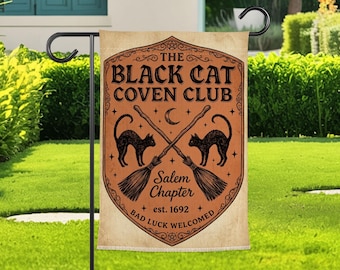 Black Cat Coven Garden Flag, Witchy Broom Yard Flag, Gothic Cat Outdoor Decor, Halloween Porch Accent For Cat Lovers And Witchy Homes Decor