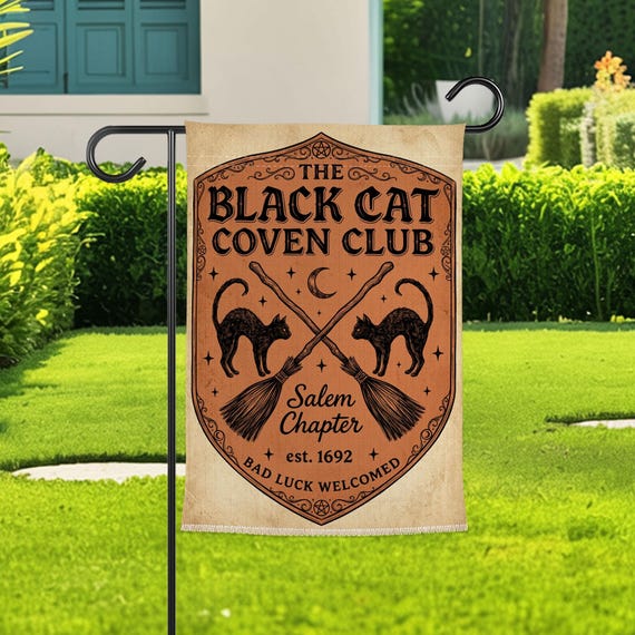 Black Cat Coven Garden Flag, Witchy Broom Yard Flag, Gothic Cat