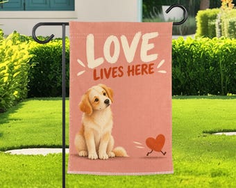 Cute Dog Garden Flag, Love Lives Here Yard Decor, Pet Lover Outdoor Flag