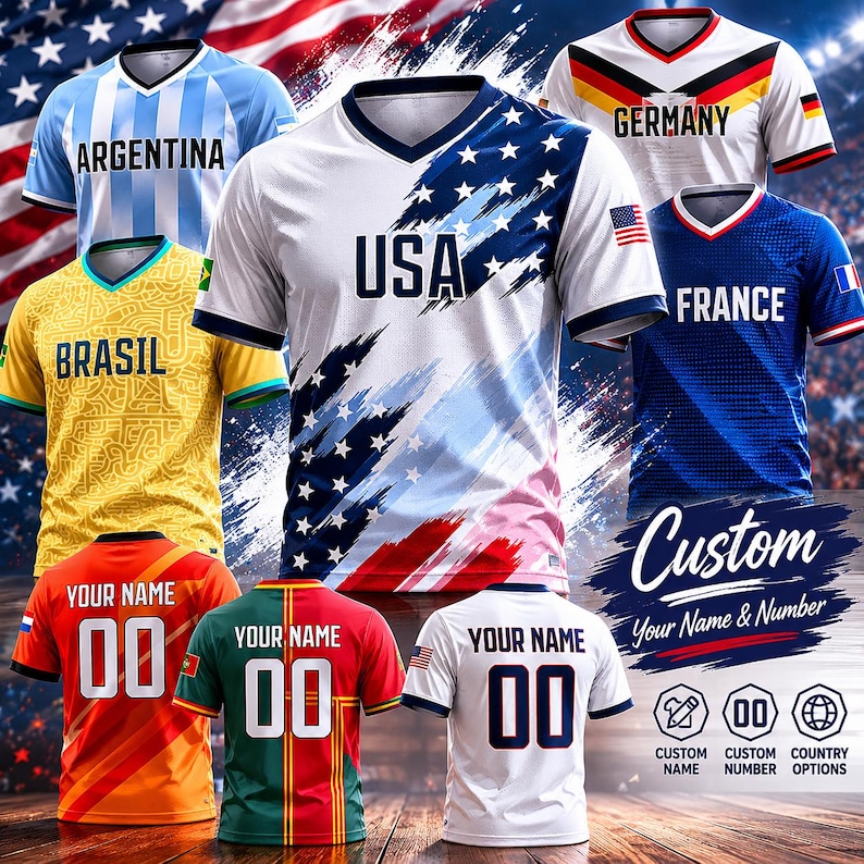 May include: A collection of short-sleeved sports jerseys featuring various national designs including USA, Argentina, Germany, Brazil, and France. Several jerseys display the text 'YOUR NAME' and '00' on the back, with custom options available.
