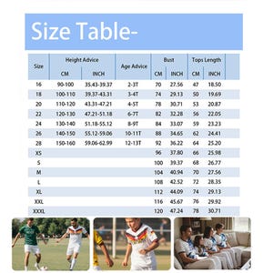 May include: A size table chart with blue headers and white rows, displaying measurements in centimeters and inches for height, bust, and tops length, alongside age advice. Below the table are three photos of people wearing white and green soccer jerseys.