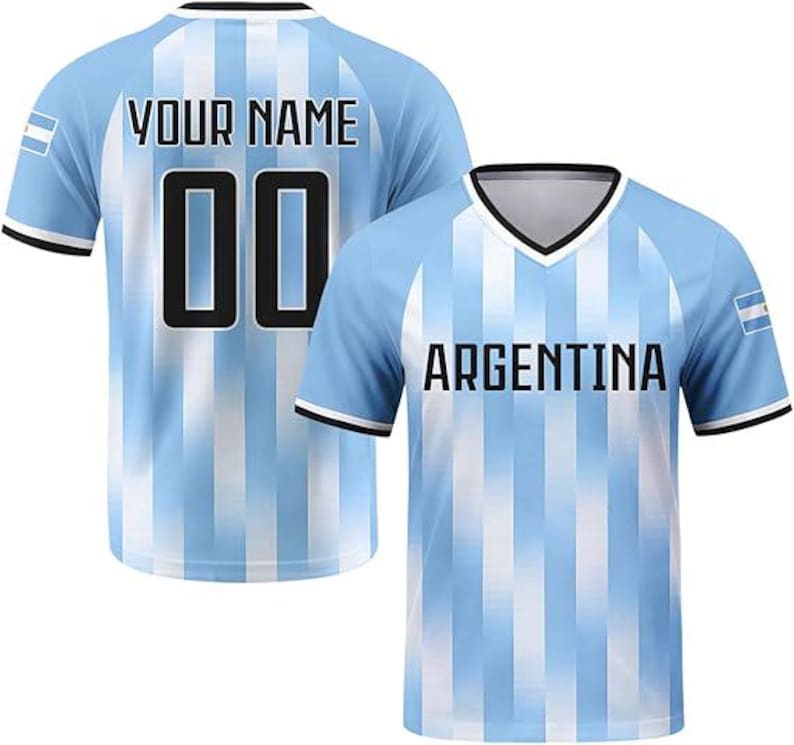 May include: A light blue and white vertical striped jersey with a V-neck collar. The front features the text ARGENTINA in black, while the back displays the text YOUR NAME and the number 00 in black. Both sleeves feature a small Argentina flag patch.