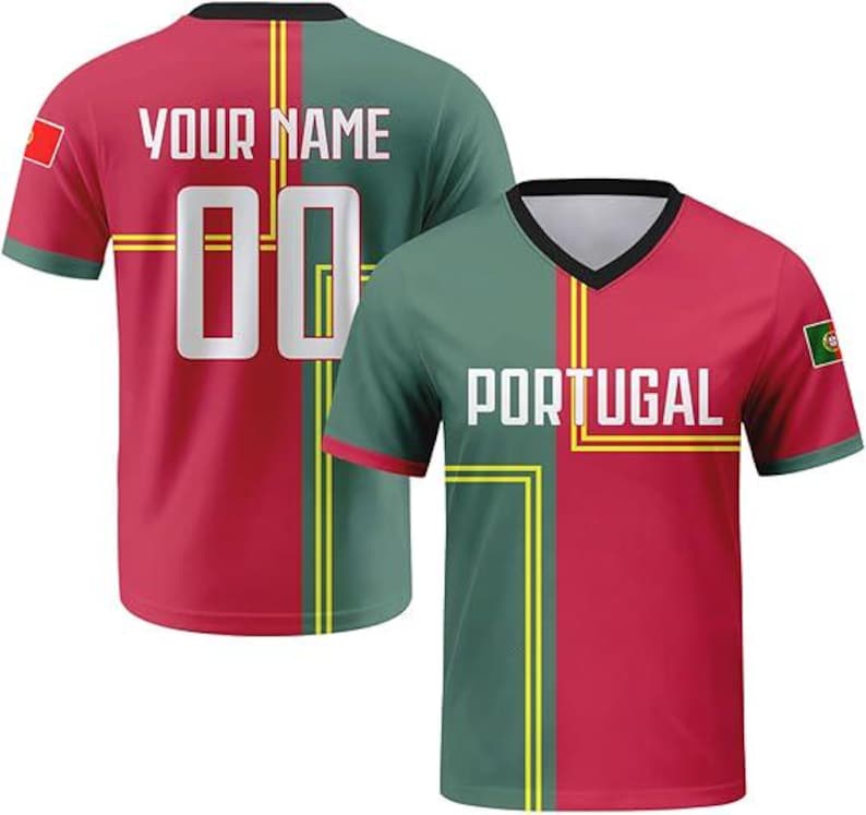 May include: A V-neck sports jersey featuring a split red and green design with yellow line accents. The front displays the text PORTUGAL in white, while the back shows the text YOUR NAME and the number 00. Both sleeves feature a small Portugal flag.