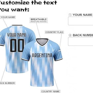 May include: A light blue and white vertical striped jersey with a V-neck collar. The front displays the text ARGENTINA, while the back features the text YOUR NAME and the number 00. Small country flag patches are on the sleeves. Text includes Customize the text you want, BREATHABLE MOISTURE WICKING, COUNTRY FLAG, YOUR NAME, BACK NUMBER, and COUNTRY NAME.
