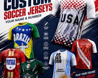 Custom World Cup national soccer jerseys with personalized names and numbers. Ideal gifts for football fans and game-day fan apparel.