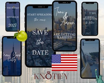 May include: A collection of smartphones displaying wedding-themed graphics. The phones show text like "Save the Date," "Toni & Aaron are getting married," and "Formal Invitation to follow." An American flag and a green apple are also present.